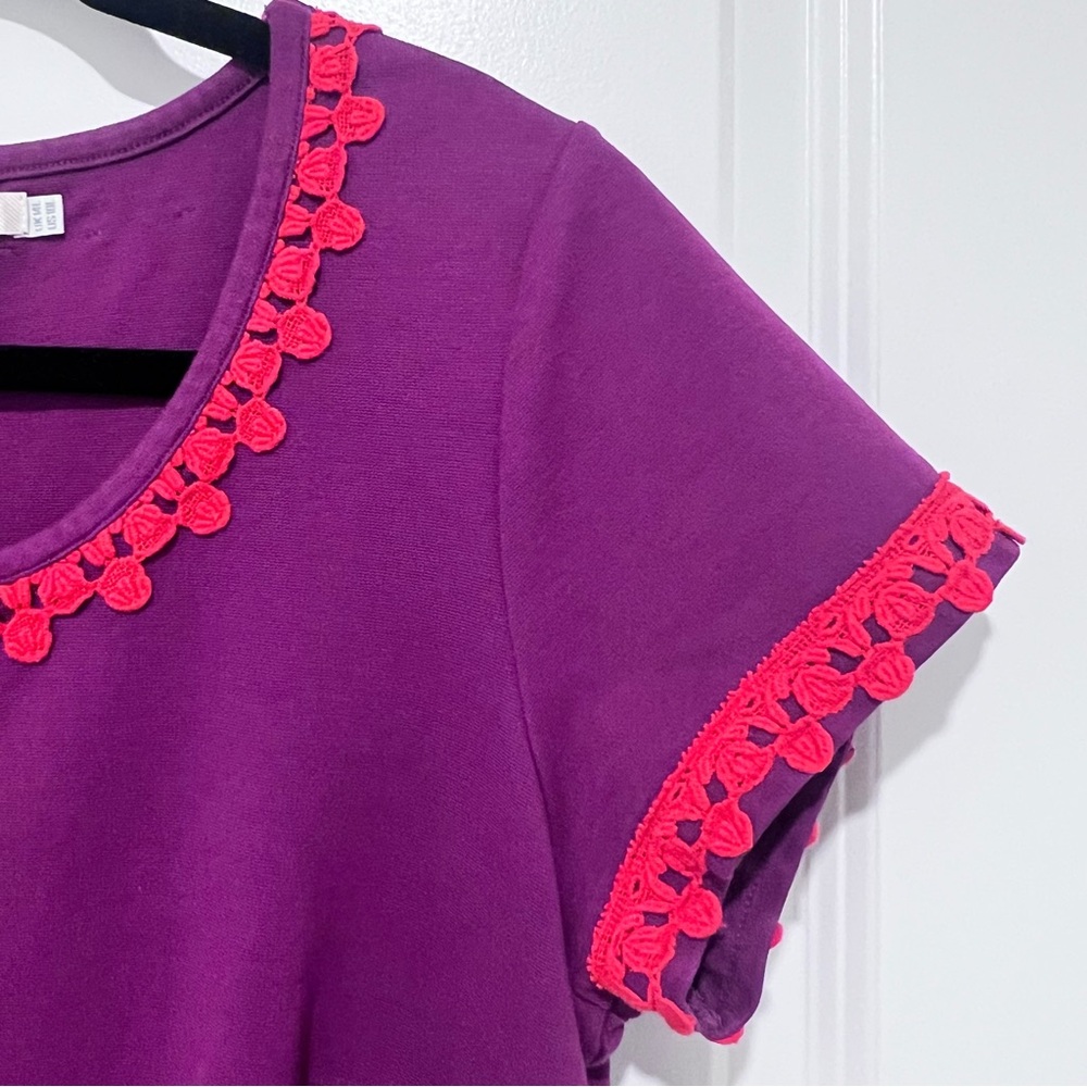 Vintage Boden Purple Ponte Knit Red Crochet-Trimmed Sheath Dress Size 10L - Picture 4 of 8